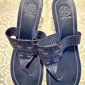Tory Burch Navy Perforated Logo Thong Sandals